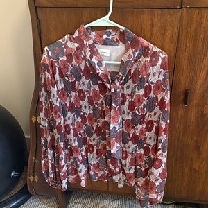 Wilfred Red and Gray Floral Pleated Tie-Neck Blouse